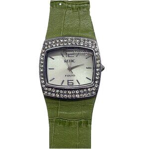 Relic Folio Women's Watch ZR33565 Green Leather Band Crystal Accent Bezel